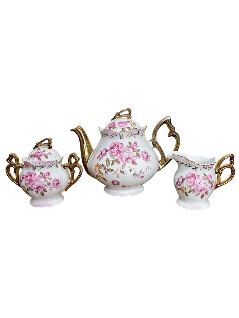 Lefton China Tea Set Hand Painted Pink Rose Gold 5-Piece Teapot Creamer Sugar
